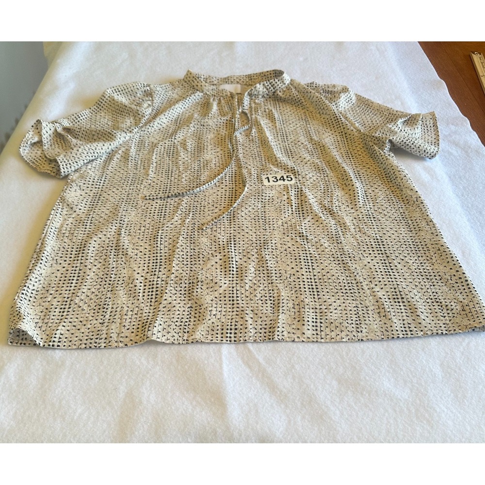 Nordstrom Rack Womens Tie Neck Blouse Medium Cream Black Geometric Print Top